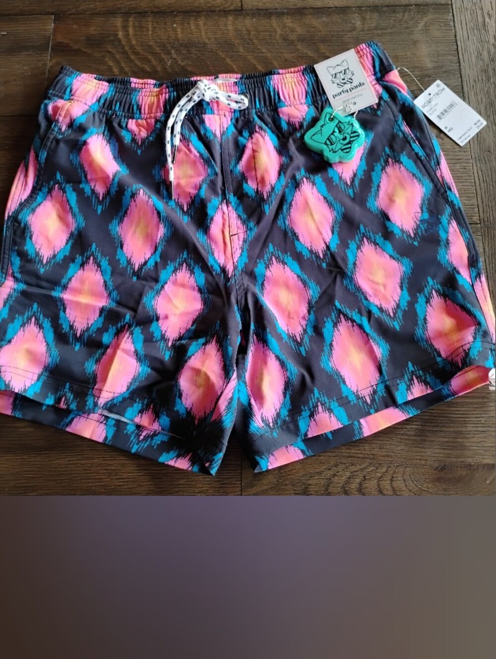 Party Pants Men's Swim Board Shorts in Pink & Teal Ikat